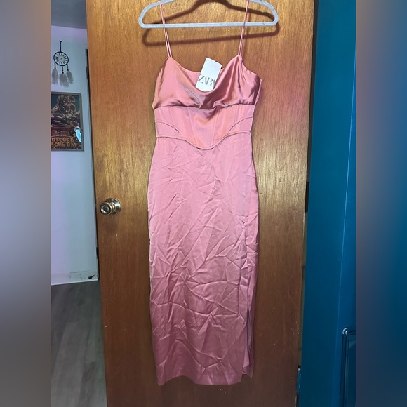 Zara Dresses Nwt Zara Pink Satin Dress With Corset Medium Corsetry